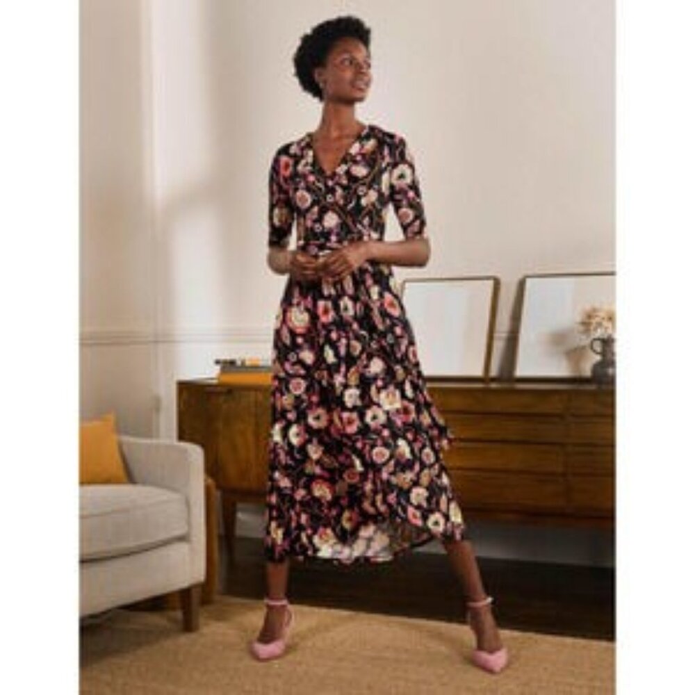 Boden Wrap Dress - Lavinia,  Black Pink Floral Print, Wrap Dress Size 10 LONG!